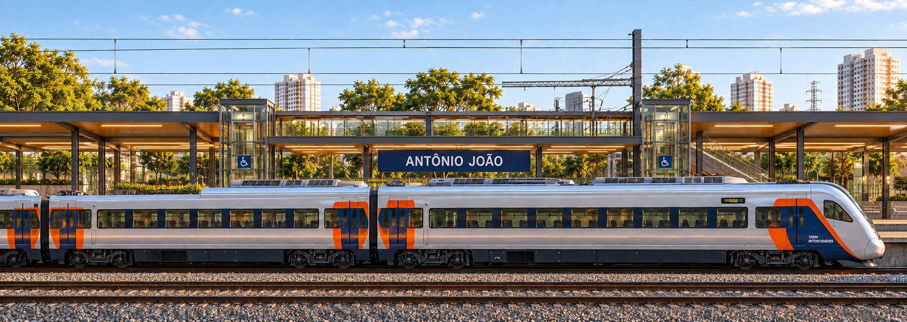 Ilustração da proposta de parada do Trem Intercidades na Estação Antônio João. Imagem ilustrativa; não representa uma obra concluída.