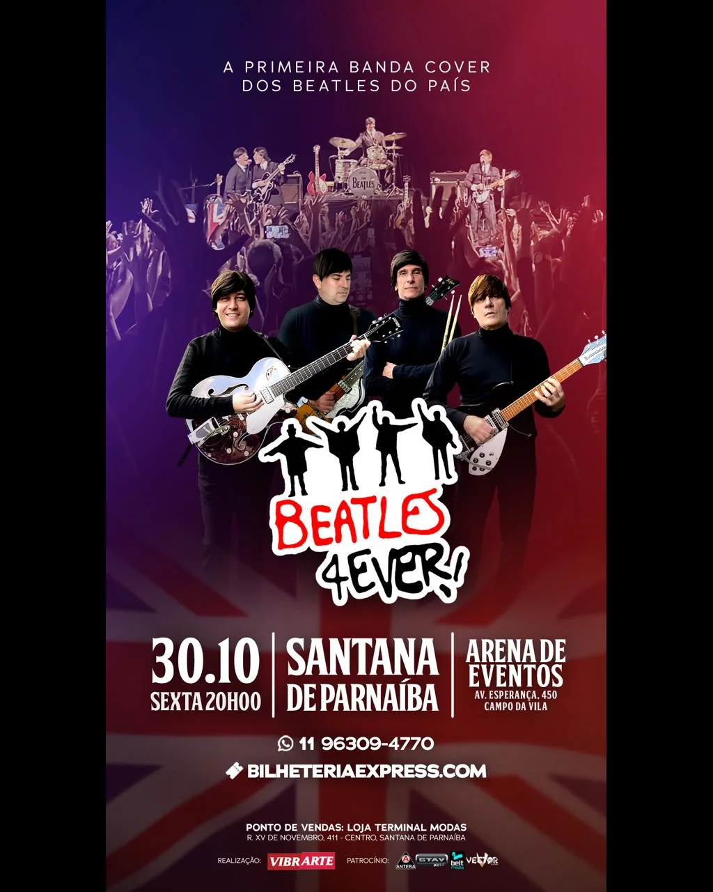 Cartaz do Beatles 4Ever com data e local do show em Santana de Parnaíba