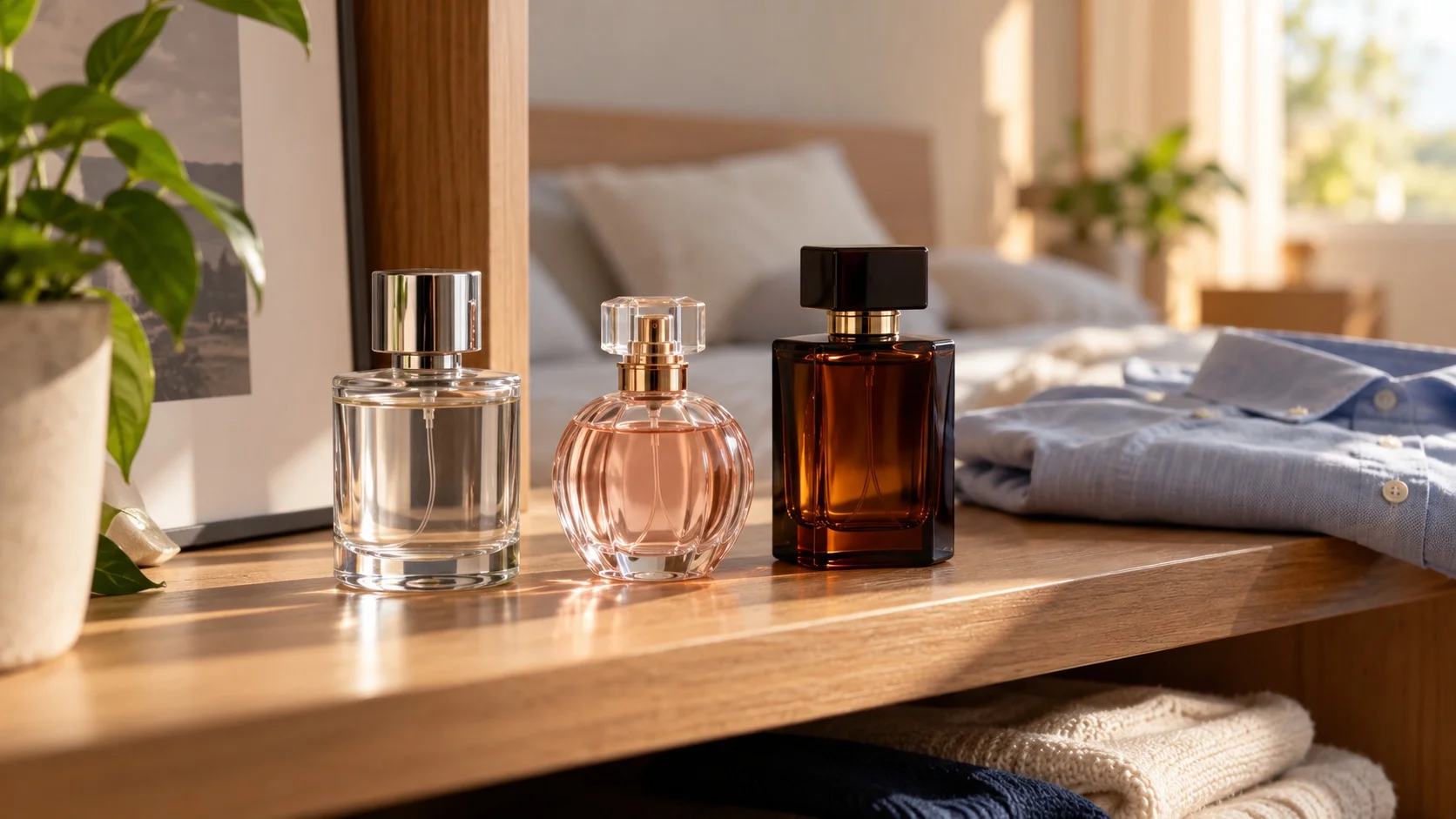 Imagem ilustrativa de três frascos de perfume, gerada por IA